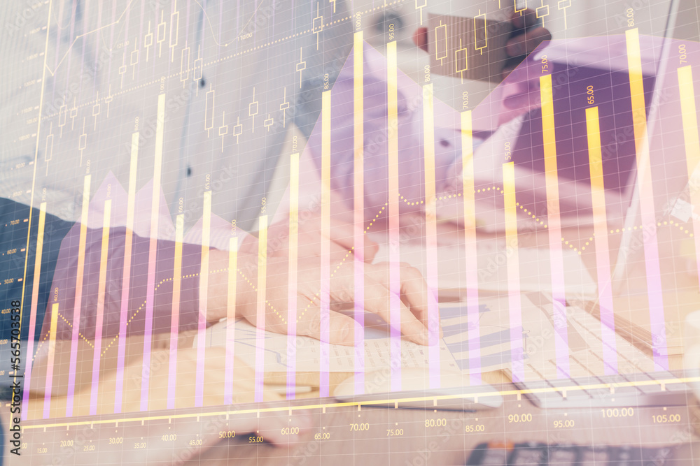 Poster multi exposure of chart with man typing on computer in office on background. concept of hard work.