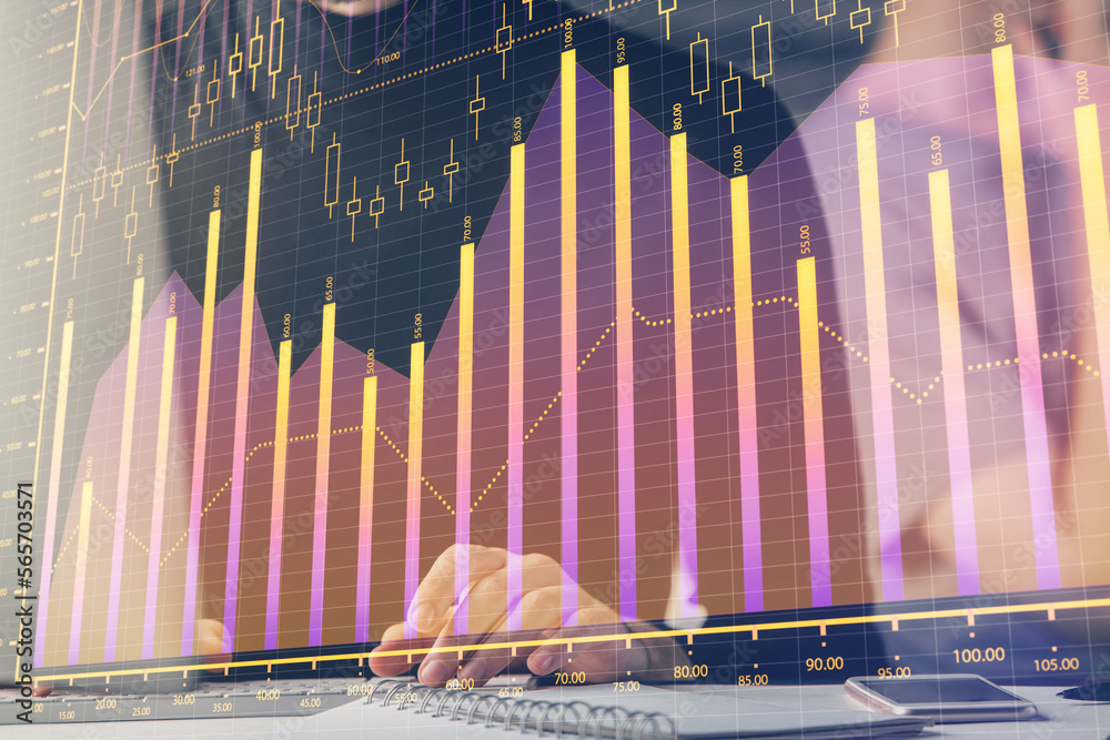 Poster forex graph with businessman typing on computer in office on background. concept of analysis. double