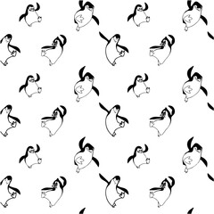 Seamless black and white pattern with dancing cartoon penguins. hand drawn