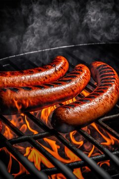 Fresh Sausages On Grill Closeup Generative AI