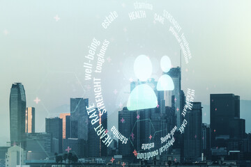 Fototapeta na wymiar Abstract virtual people icons hologram on Los Angeles cityscape background, life and health insurance concept. Multi exposure