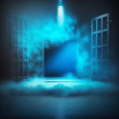 Dark stage shows, dark blue background, an empty dark scene, neon light and spotlights, prison