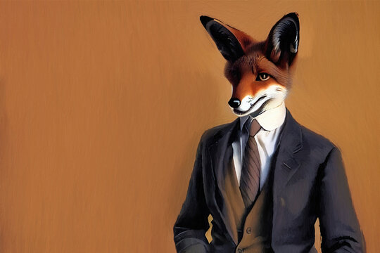 fox man businessman coach in suit on solid background in style if an old classic realistic painting - new quality creative financial business educational stock image design