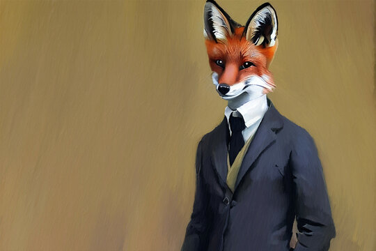 Fox Man Businessman Coach In Suit On Solid Background In Style If An Old Classic Realistic Painting - New Quality Creative Financial Business Educational Stock Image Design