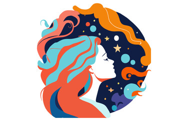Obraz premium Girl with space dreams. Women with the universe of starry night in their hair. Concept in flat color graphic. Vector illustration