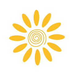 Simple yellow sun vector flat illustration with round shape middle, cute summer image for making cards, decor, vacation concept and holiday and summertime design for children