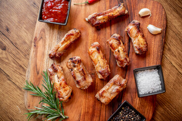grilled pork ribs on wooden background 