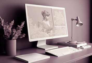 working desk in Digital Lavender. Gnerative AI.