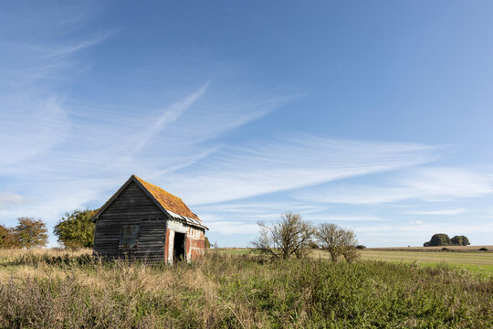 old rustic wooden farm shed, agriculture fields on Salisbury plain