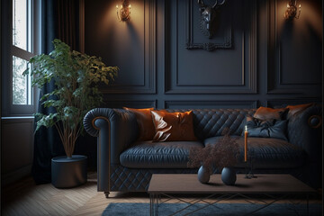Stylish living room interior with comfortable dark sofa.  Idea for interior design. AI