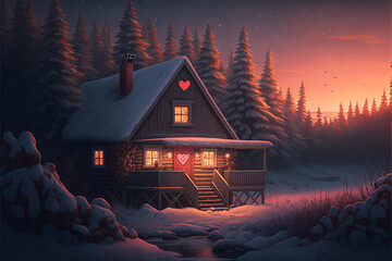 Romantic Getaway Valentine's Day Background with a theme of a cozy cabin in the woods