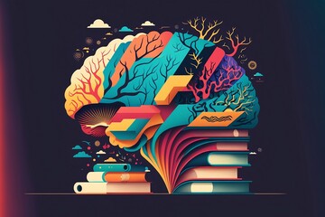 A collage of a human brain and books, in a creative, abstract and colorful way, education, culture and intelligence, Generative Ai Technology