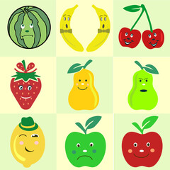 Fruits with different emotions - smile, anger, surprise, resentment, joy, sadness. Funny fruits with eyes and mouth. Stickers. Vector.