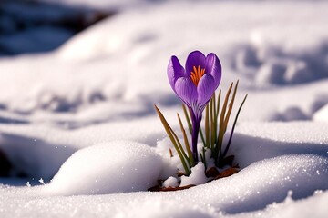 fleur de crocus qui pousse au travers de la neige - illustration ia - obrazy, fototapety, plakaty