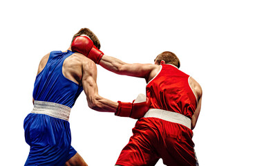 boxing match boxers exchange blows - obrazy, fototapety, plakaty