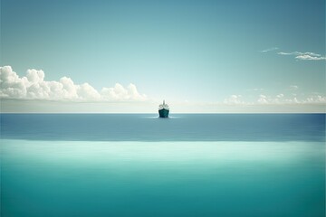 Obraz na płótnie Canvas Calm ocean surface with very small container ship on it, copy space, created with Generative AI technology