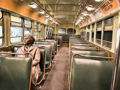 Interior National Civil Rights Museum, Lorraine Motel, Memphis, Tennessee. Rosa Parks/Montgomery Bus Boycott tribute.  bronze Rosa Parks sitting in the whites only section of a Montgomery city bus.