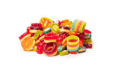 Assorted colorful gummy candies. Top view. Jelly donuts. Jelly bears. Isolated on a white background.