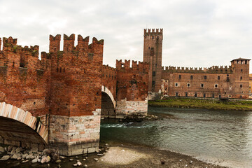 Historical Castelvecchio Bridge over the Adige River in Verona, Italy