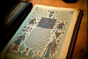 Hand written medieval book with illustrations, created with Generative AI technology