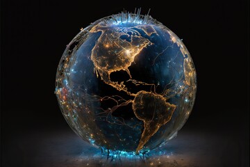 Naklejka premium Earth from space made of glass with shining wires, concept of internet, connections, global communications, created with Generative AI technology