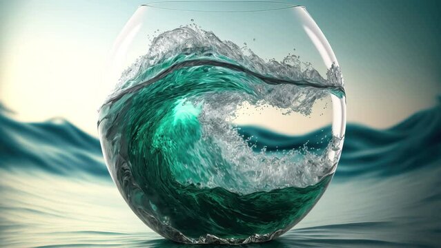 Cinemagraph of big blue wave in a glass, ai generated
