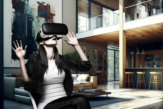 Femme qui visite une maison contemporaine en r&eacute;alit&eacute; virtuelle - illustration ia