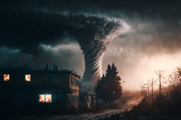 View of large tornado destroying entire city. Twister hurricane damage for house, concept Disaster nature. Generation AI