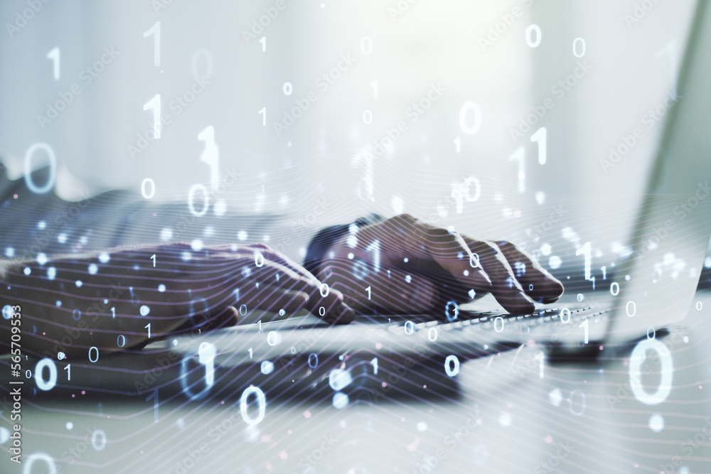Aufkleber Creative concept of binary code illustration and hands typing on laptop on background. Big data and coding concept. Multiexposure