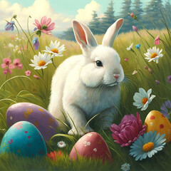 Easter bunny in field with colored easter eggs