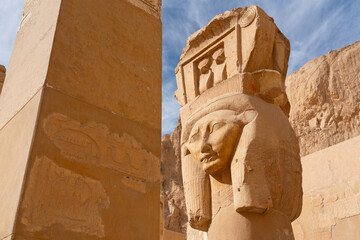 Hatshepsut mortuary Pharaoh temple architecture with stone statues, Luxor, Egypt.