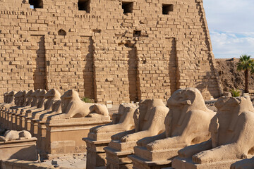 Karnak temple sphinxes alley -  architecture of ancient Egypt with ram-headed and pharaoh statues, Luxor city, Sphinxes alley