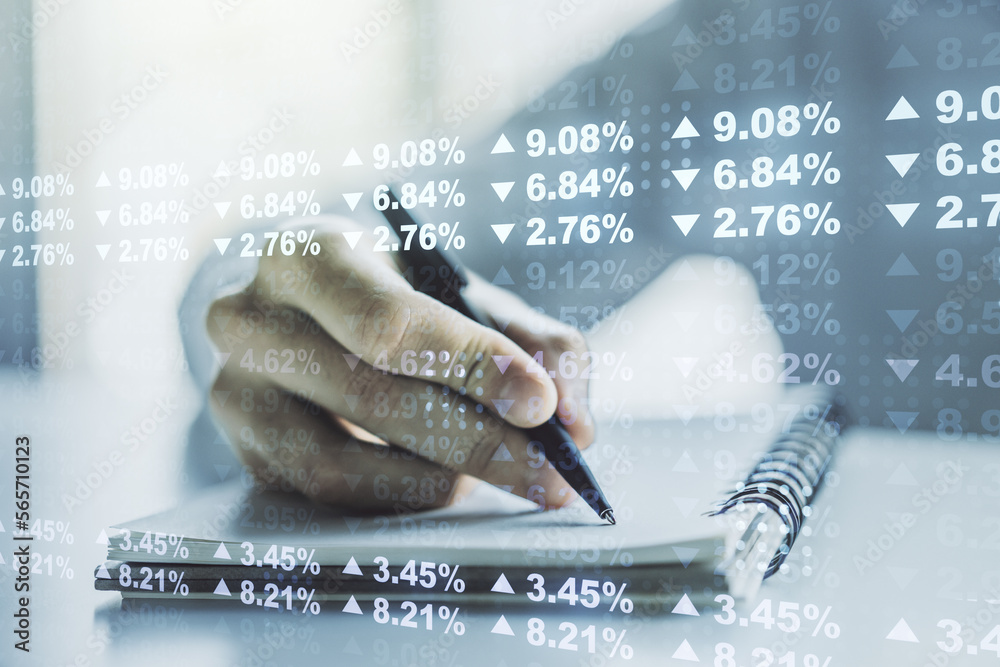 Poster Abstract creative stats data concept with man hand writing in notebook on background. Multiexposure