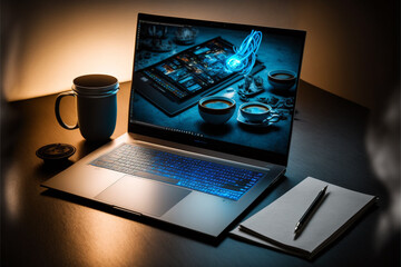 Laptop standing on a desk with coffee - obrazy, fototapety, plakaty