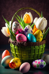 Easter eggs and flowers in basket - obrazy, fototapety, plakaty