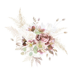 Mauve purple rose, dusty pink, brown and green hellebores, white rose, pampas grass, dried plants vector design