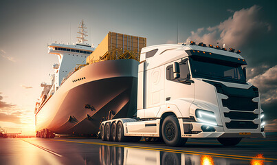 Container trucks and cargo ship, sunlight. Industrial port, International logistics center warehouse, transport industry. Generation AI