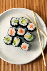 Sushi roll plate with avocado and salmon maki rolls