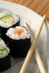 Sushi roll plate with avocado and salmon makis