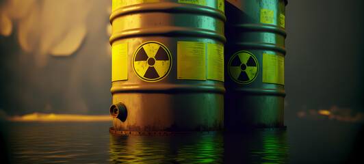 Yellow barrels for nuclear radiation waste floats on ocean. Concept water environmental radioactive pollution. Generation AI