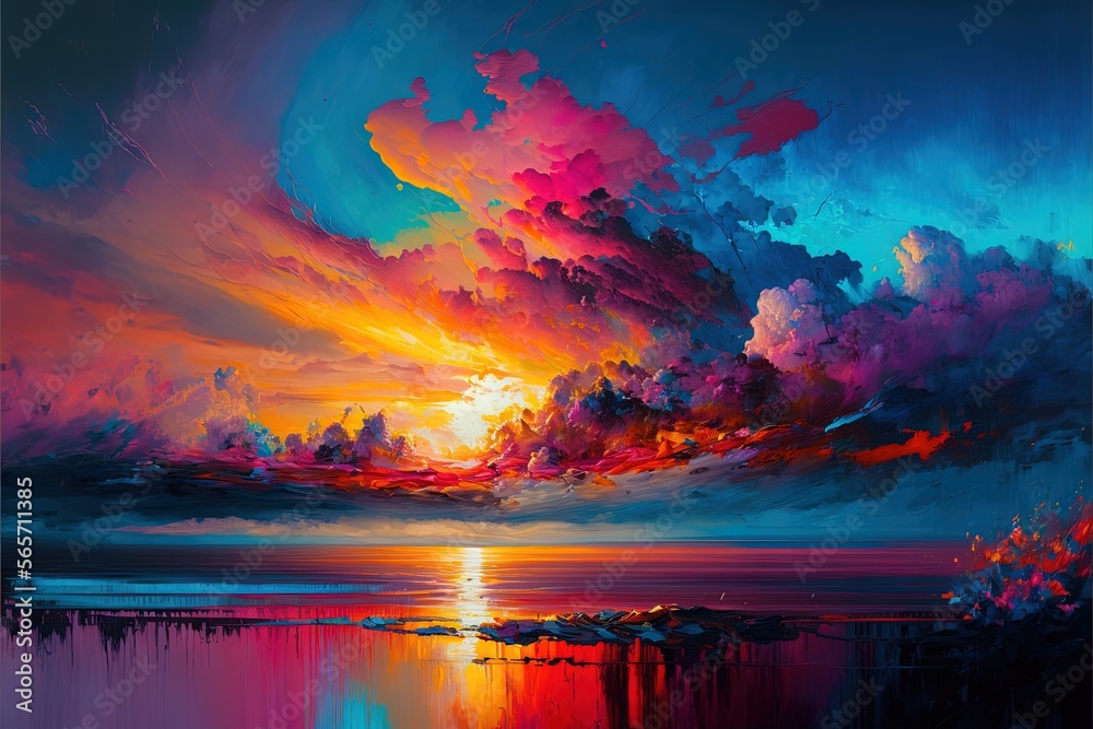 Wall mural a painting of a sunset over a body of water with clouds in the sky and a bright orange sun in the di