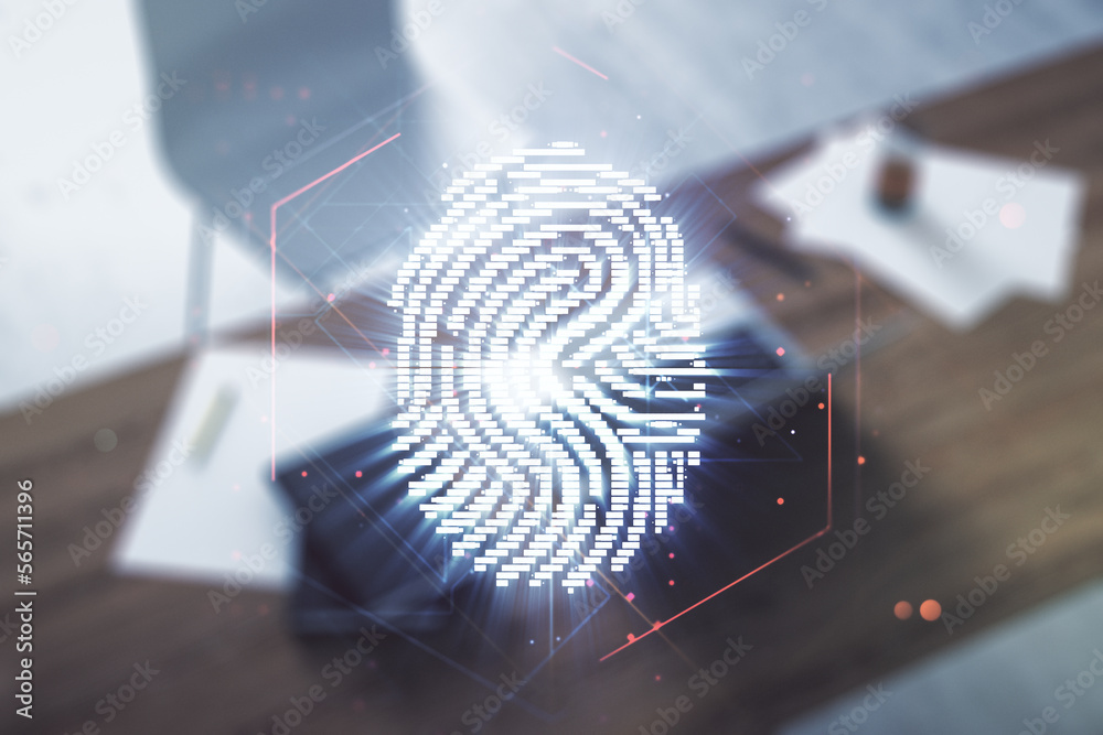 Aufkleber Abstract creative fingerprint concept and modern desktop with computer on background. Multiexposure
