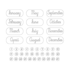 Obraz premium Planner stickers printable days of week, months, year for diary, bullet journal decor outline simple vector illustration