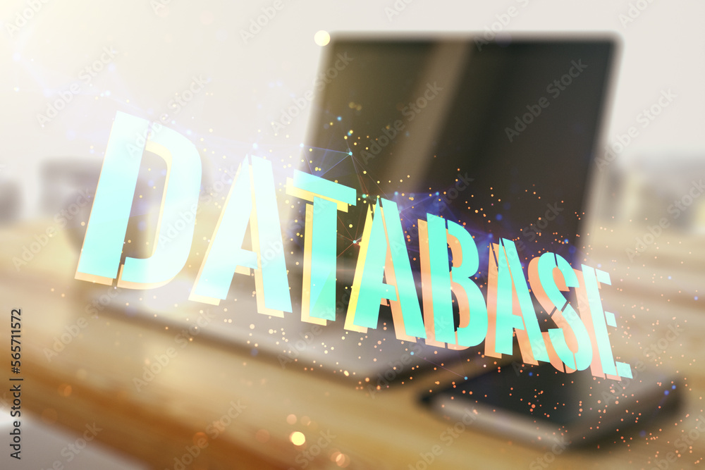 Aufkleber Double exposure of Database word sign and modern desktop with computer on background, global research and analytics concept
