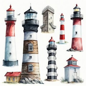Different lighthouses, high detailed clipart on white background, watercolor painting
