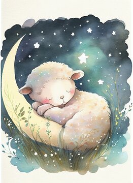 baby lamb  sheep dreaming surrounded by the moon, clouds and stars, watercolor nursery decor, AI assisted finalized in Photoshop by me