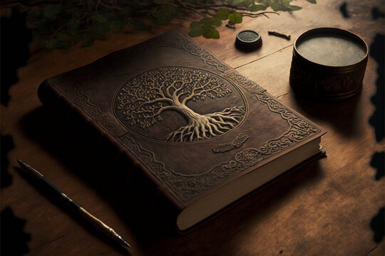 An old diary with a tree of life cover on the table