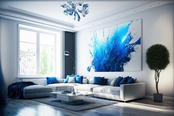 Silver and Blue themed modern living room. White and blue. Luminous and spacious interior design. Generative AI.