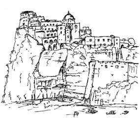Редакционный иллюстративный материал: Пейзаж с изображением Арагонского замка - средневекового замка, скалы в море недалеко от острова Искья, в Неаполитанском заливе, Италия. Рисунок чернильной ручкой, ручной работы. Векторный рисунок Андрея Бондаренко #iThyx