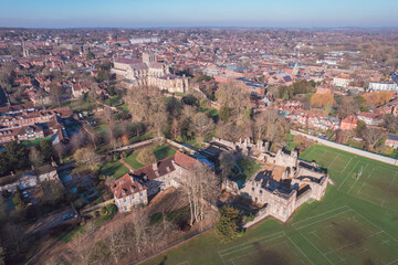 Beautiful aerial view of the famous English Heritage site, Wolvesey Castle, the Monumental remains, bishops of Winchester